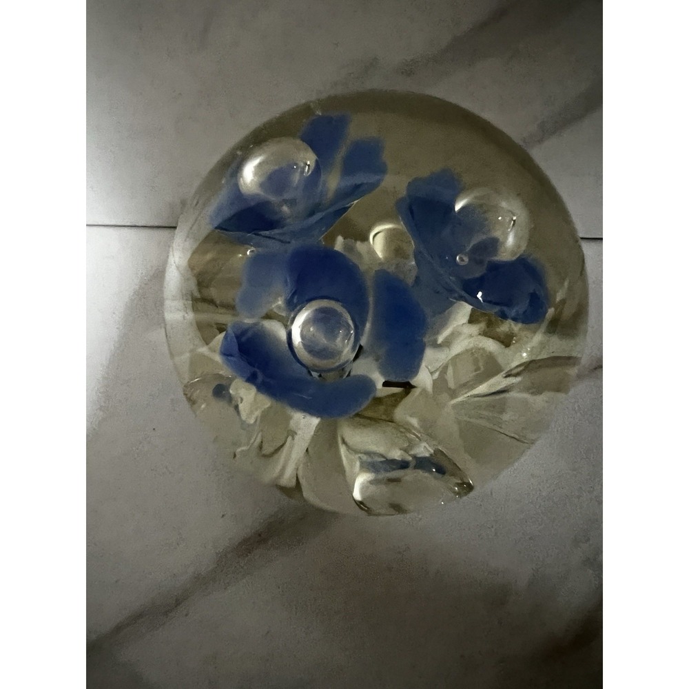 Vintage St Clair Crystal Italian Art Glass Paperweight Blue Trumpet Flowers 2.5"